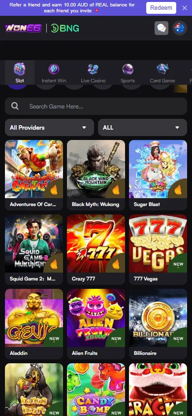 Won66 Casino mobile games interface