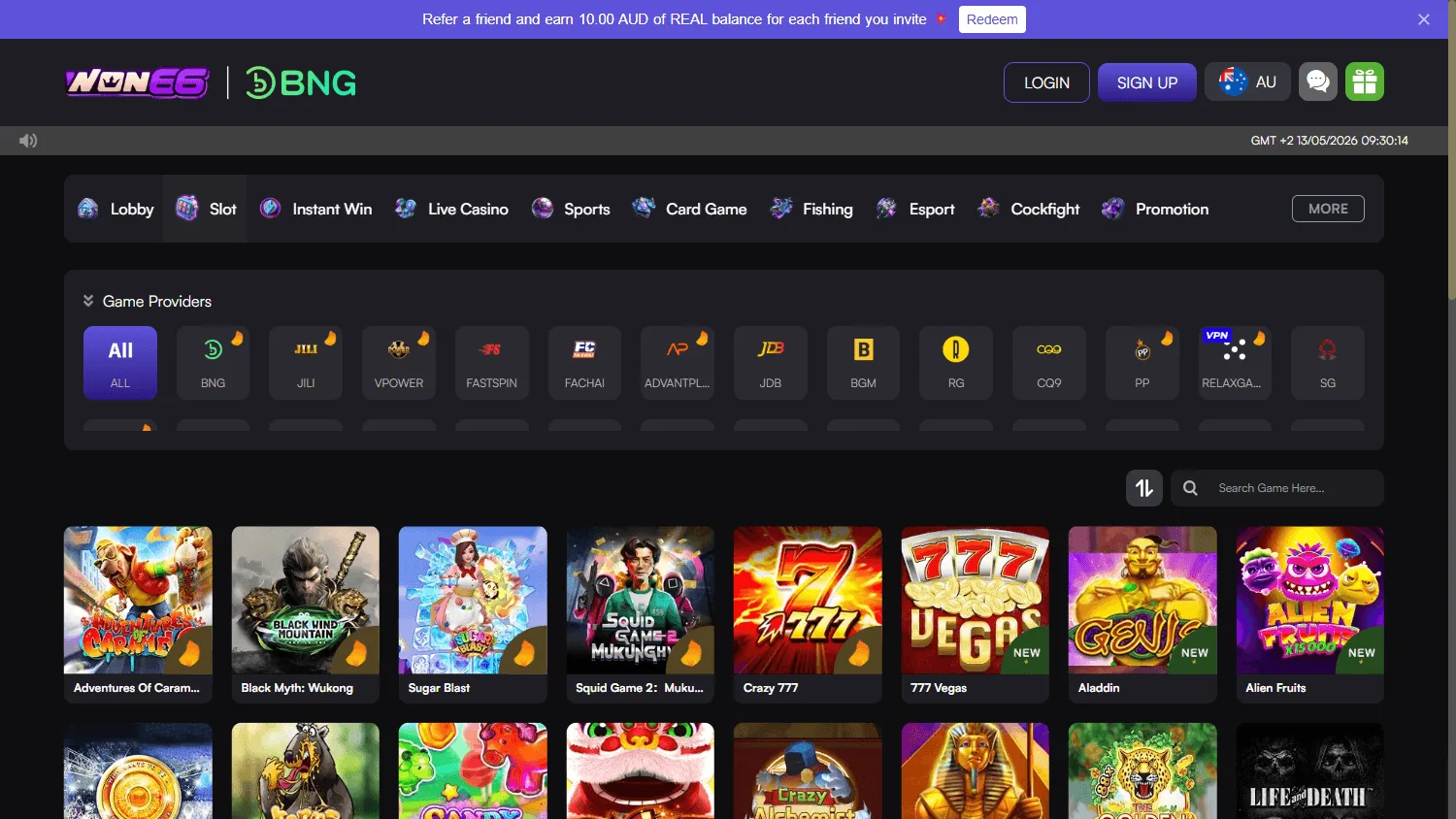 Won66 Casino desktop games interface with casino and betting categories