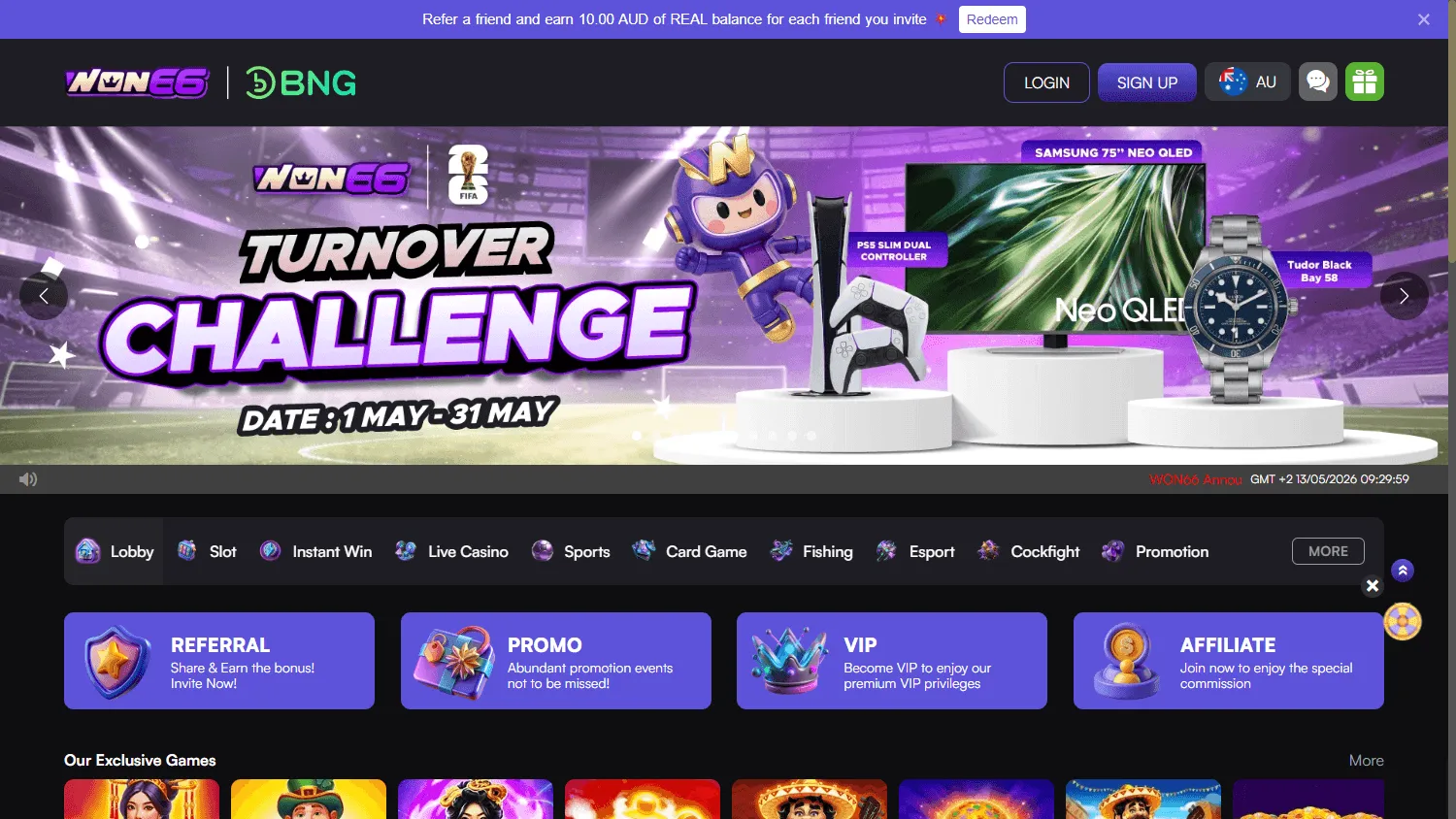 Won66 Casino desktop home screen for Australian players
