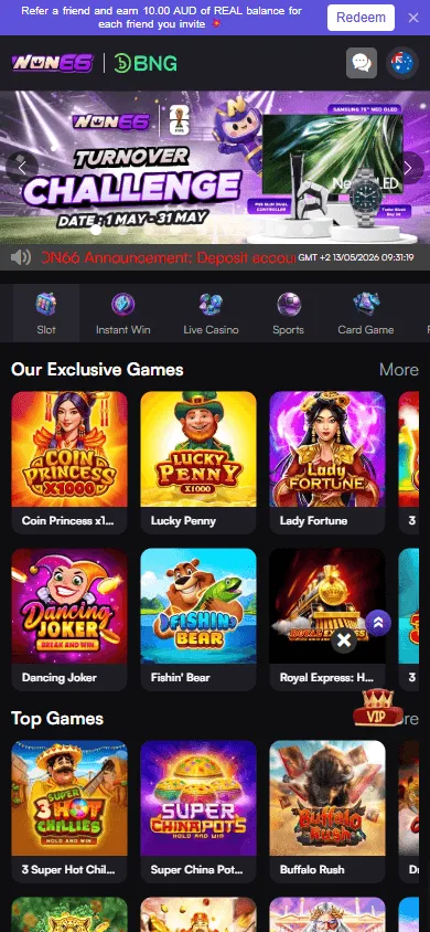 Won66 Casino mobile home interface